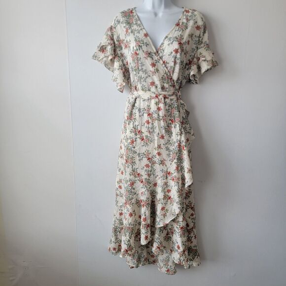 MAX STUDIO womens Ruffle Crepe High/low Wrap Midi Dress sz L floral short sleeve - Picture 1 of 8